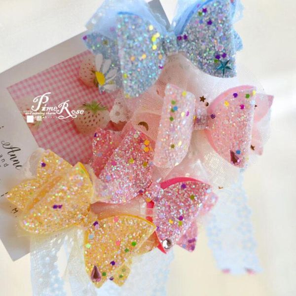 

cute glitter knot hair bows princess lace clips with bling tassel hairpins for girls fashion kids headwear accessories, Slivery;white