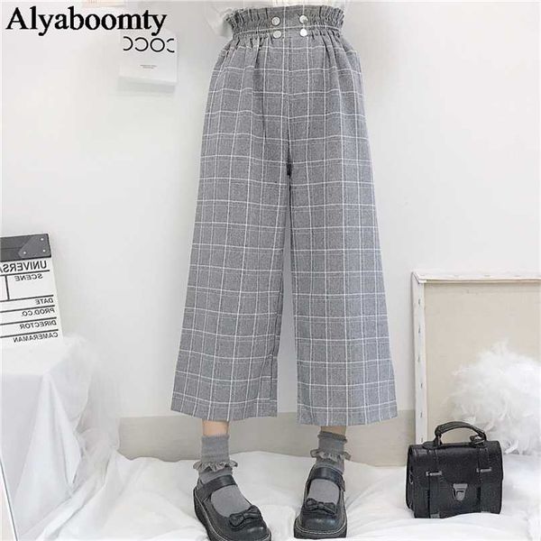

japanese lolita style autumn women wide leg pants elastic waist apricot gray plaid loose trousers cute kawaii student's capris 211007, Black;white