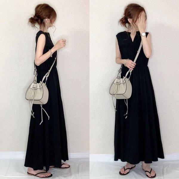 

ladies black pleated dress female 2021 fall japanese v-neck super fairy fight receiving waist slim long dresses sleeveless casual, Black;gray