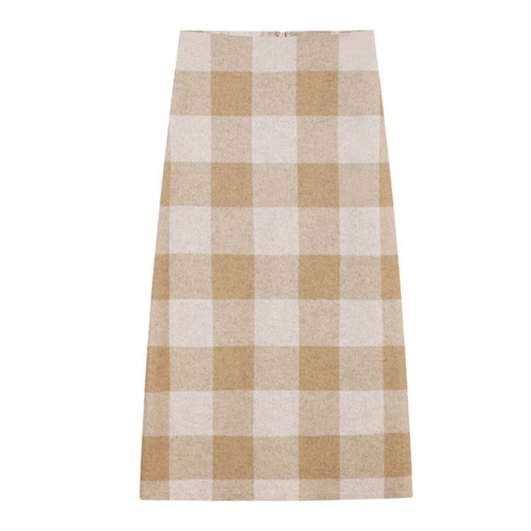 

khaki green white plaid pencil skirt midi calf empire winter elegant vintage retro s0105 210514, Black