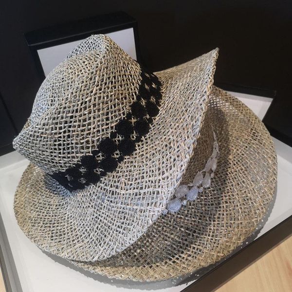 

natural grasses fashion 2021 summer hat women straw beach visor protection sun hats wide brim sunhat chapeau femme, Blue;gray