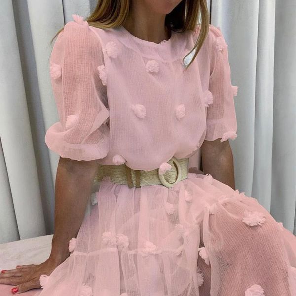 

casual dresses summer dress ladies puff sleeve loose net yarn small flower ball party women vestido de muje robe, Black;gray