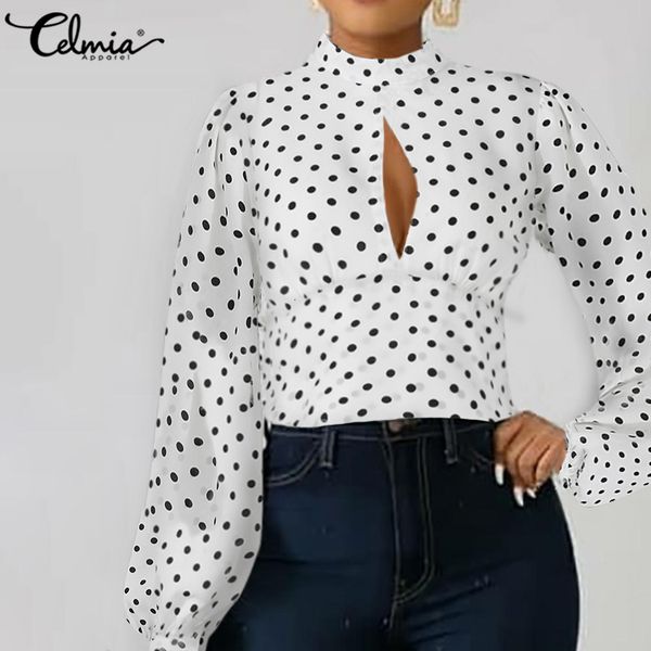

blouses celmia hollow chiffon shirt women fashion polka dot print white blouses summer lantern long sleeve casual blusas femme
