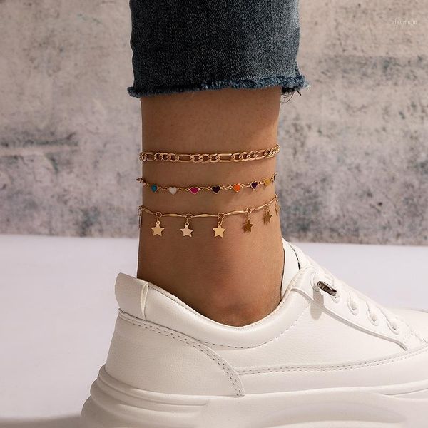 

anklets 3pcs/sets colorful dripping oil heart foot chain charms gold alloy metal geometric star tassel for women jewelry1, Red;blue