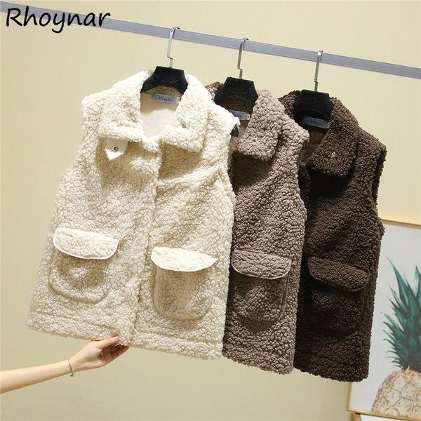 

women's vests women winter solid 3 colors simple all-match leisure comfortable turn down collar pockets covered button fashion ulzzang, Black;white