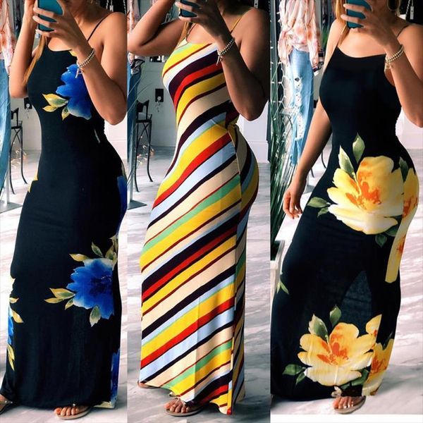 

flower print spaghetti strap backless women dresses long off shoulder bodycon pencil casual slim party vestidos, Black;gray