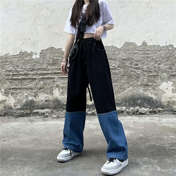 

jeans y2k streetwear vintage elastic women pant high waist wide leg harajuku splicing straight baggy denim trouser, Black;white