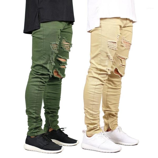 

men's jeans men skinny fashion stretch zippers style hip hop army green e5007, Blue
