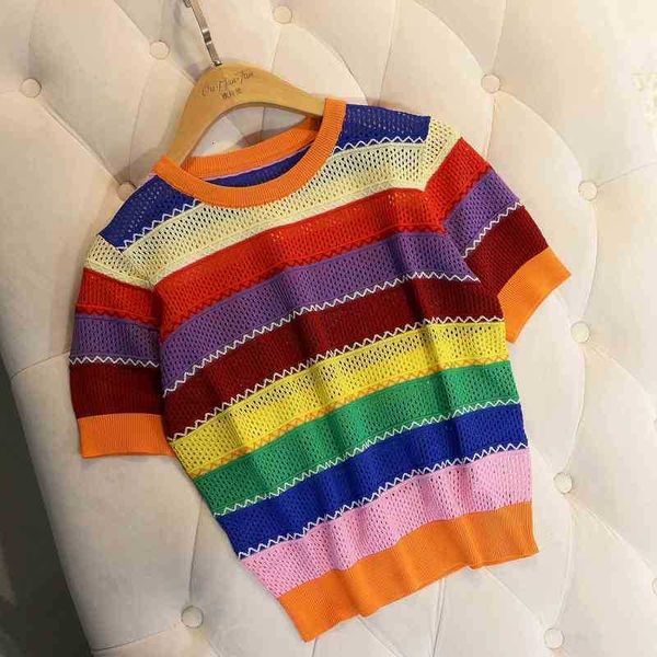 

women's sweaters sweaters summer women designer rainbow color block stripe knitted short sleeve gilrs hollow out casual sweater tgm8, White;black
