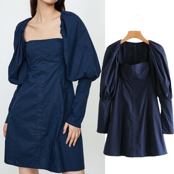 

casual dresses women solid color dress square collar lantern sleeve zipper mini slim waist chic party mujer ox0a, Black;gray