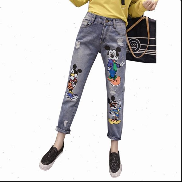 

spring autumn cartoon embroidery hole womens jeans korean version loose large size 5xl casual harem, Blue