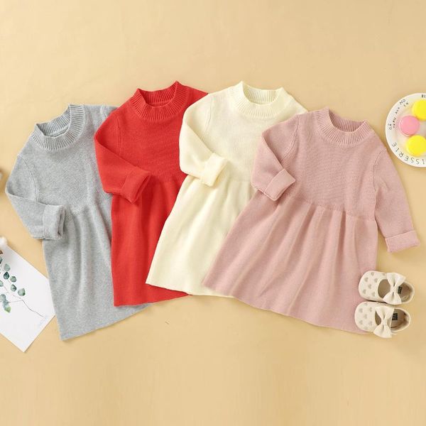 

girl's dresses baby toddler girl knit sweater dress, born solid color long sleeve smock fall winter outfits 0-18 months, Red;yellow