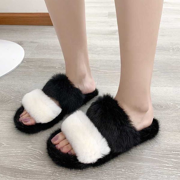 

patchwork slip-on fur thick sole autumn fluffy women slippers shoes platform flat bottomed large size 43 sandals, Black