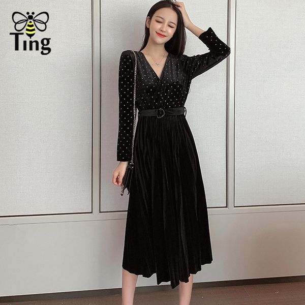 

spring autumn crystal paved velvet mid-calf length dress lady girls vintage slim v neck black casual sashes 210513, Black;gray