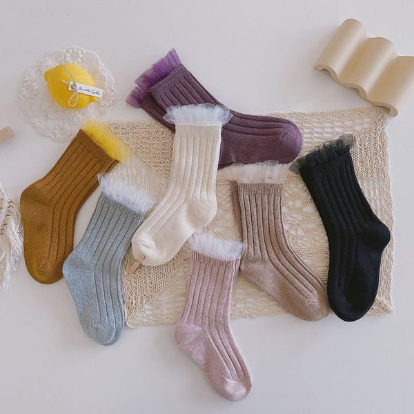 

socks spring summer kids ruffle lace solid color for girls cotton kint princess infant toddler, Pink;yellow