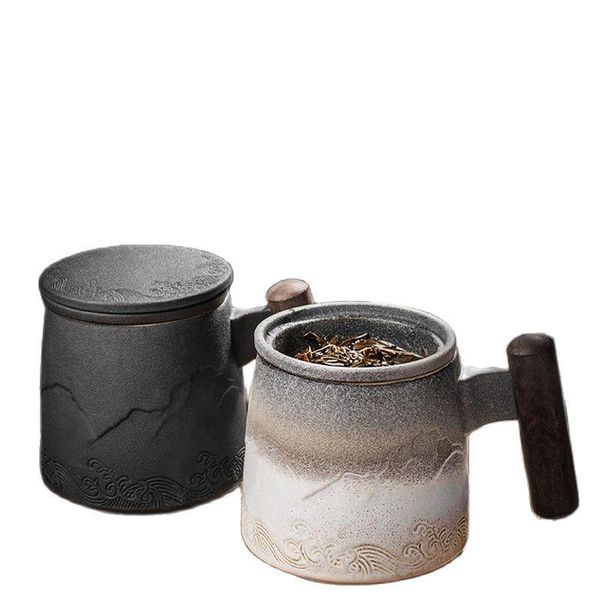 

mugs luxury chinese retro ceramic tea cup handmade wooden handle business gift set