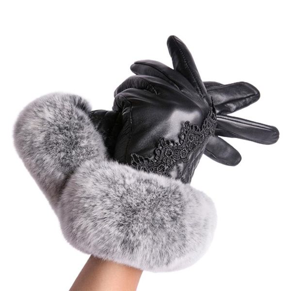 

five fingers gloves women winter artificial leather touch screen cute furry wrist thicken plush lining thermal warm texting driving full fin, Blue;gray