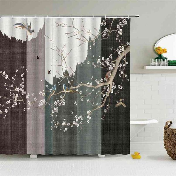 Cortina de chuveiro de tecido de poliéster à prova d 'água com 12 gancho de paisagem chinesa flor de pássaro banho casa decoração banheiro s 210915