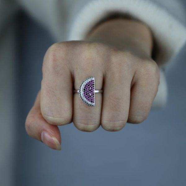 

wholesale summer fruit jewelry with green red black cz crystal paved watermelon rings for women tiny band finger wedding, Slivery;golden