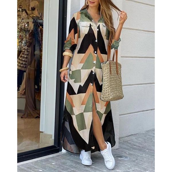 

casual dresses women fashion shirt long dress vintage 2021 full sleeve turn down collar print button boho holiday vestido de mujer sj83, Black;gray