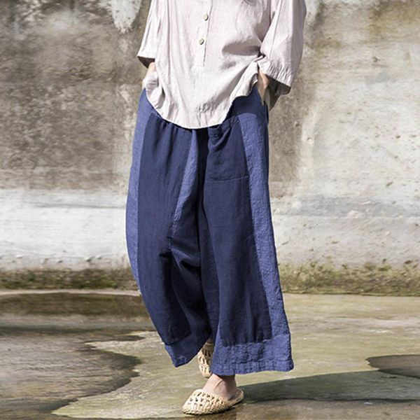 

women's pants & capris johnatrure 2021 spring women patchwork loose casual simple elastic waist cotton linen long wide leg, Black;white
