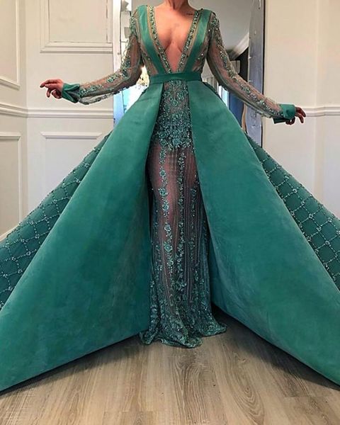 

abiye emerald green flower lace mermaid evening dresses with detachable train 2021 beaded long prom gowns full sleeves party, White;black