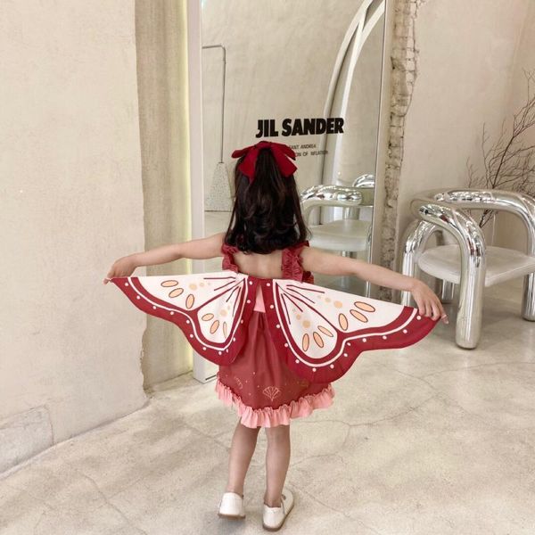 

ins babe girls butterfly ruffles sundress flower halter kids summer dress with wings girl's dresses, Red;yellow