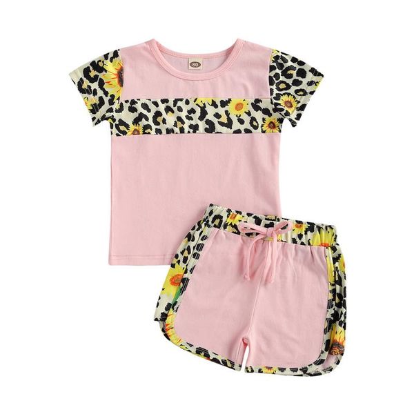 

clothing sets 1-6y fashion girl summer leopard floral print t-shirts+elastic shorts kids outfits children casual tracksuits, White