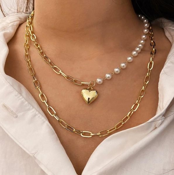 

pendant necklaces hip hop streetwear korean simple fashion stylish pearl chain heart for women girls all match necklace jewelry an222, Silver