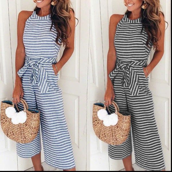 

summer halter casual striped printed womens jumpsuits belt one piece wide leg slim sleeveless combinaison femme, Black;white
