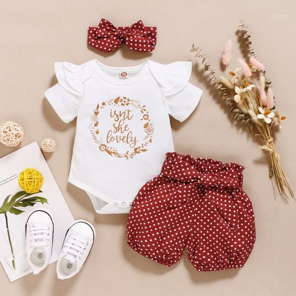 

baby's sets born baby girls ruffles letter print bodysuit romper+dot shorts outfits fashion cotton clothes roupa clothing, White