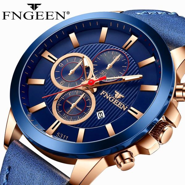 

wristwatches mens watches fngeen leather casual quartz watch men sport waterproof clock blue relogio masculino 5311, Slivery;brown
