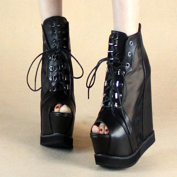 

summer 15cm mesh super high heeled women's shoes lace up thick bottom rivet slope heel sandals fish mouth muffin, Black