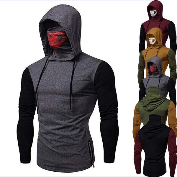 

men's t-shirts long-sleeved t-shirt spring and autumn hooded skull high collar color matching fashion casual bottoming fir european siz, White;black