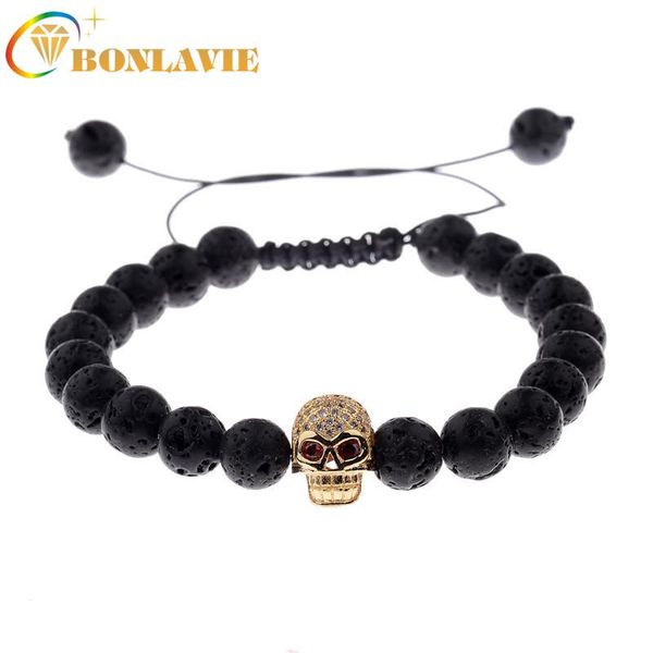 

beaded, strands bonlavie fashion stone beads bracelets volcanic rock micro-diamond skull woven bracelet, Black