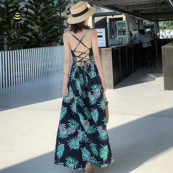 

summer boho tropic print chiffon dresses lady party beach long maxi sundress backless cross strap 210513, Black;gray