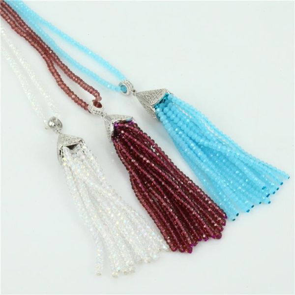 

pendant necklaces trendy charms white clear blue purple beaded tassel in 2mm beads chain necklace for women, Silver