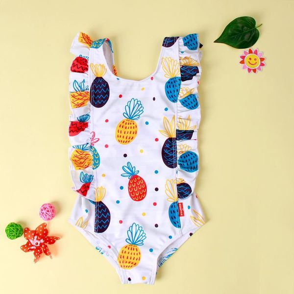 

summer kids girls fashion cartoon pineapple print one-piece swimsuit stylish ruffle bathing suit kid's lovely swimwear one-pieces, Black