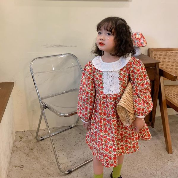 

girl's dresses 2021 spring arrival girls long sleeve floral dress kdis korean design, Red;yellow