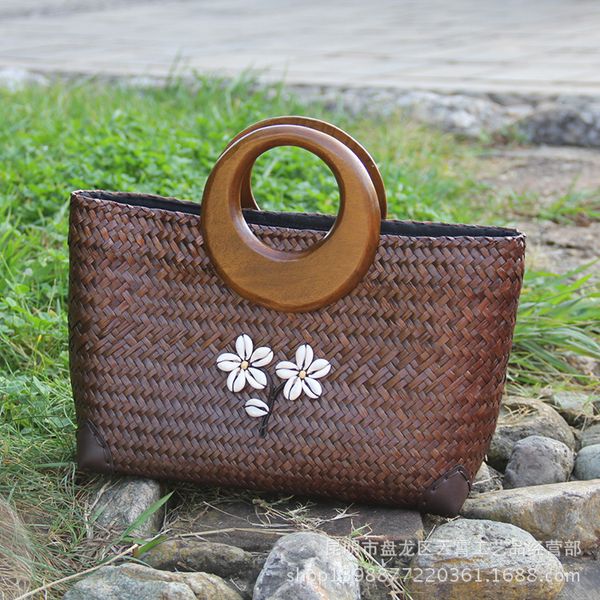 

straw bamboo woven bag brown stuff sackstotes industrial straw women's portable vacation beach rattan hand