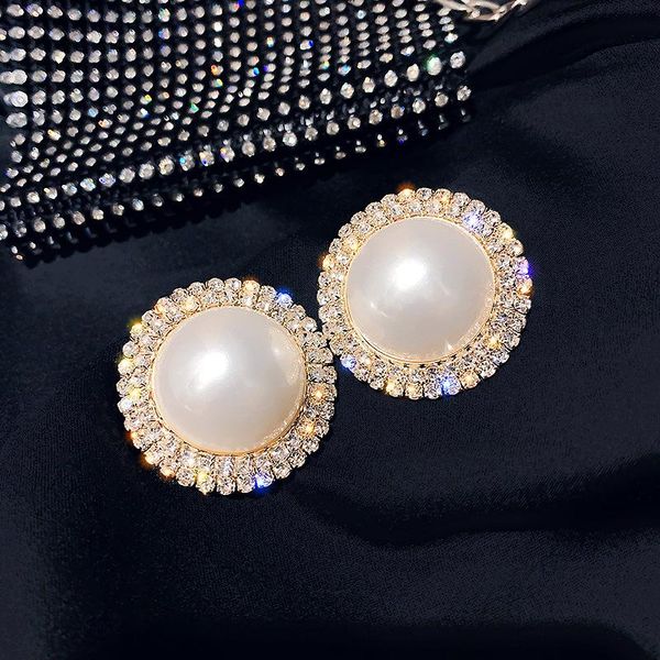 

stud fashion earrings for women big simulated pearl girl round geometric rhinestone party weddings jewelry gifts, Golden;silver
