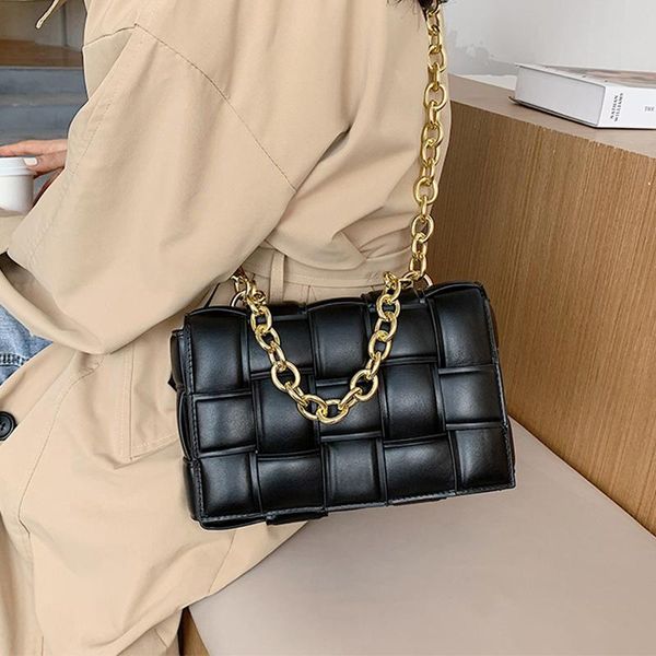 

weave flap bags for women 2021 trend pu leather handbags plaid tote bag with chain strap shoulder samll black crossbody evening