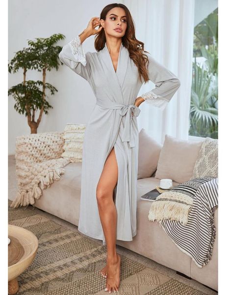 

women's sleepwear spring and summer knitted nightgown lace trim long pajamas solid color -selling up home dressing gown, Black;red