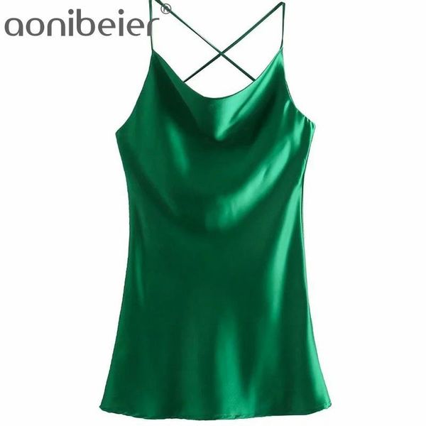 

casual dresses aonibeier summer sleeveless cross back draped collar satin slip dress fashion spaghetti strap women mini party green, Black;gray