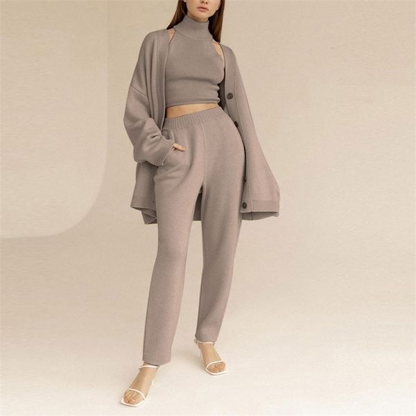 

knitted solid women cardigans sets turtleneck sleeveless pullovers with loose pants suit winter elegant ladies set 3 pieces 211126, White