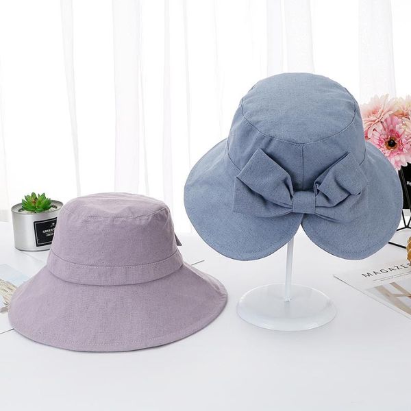 

big eaves bow-tied cotton bucket hat ladies artistic all-purpose travel shade basin wide brim hats, Blue;gray