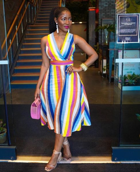 

casual dresses vazn 2021 arirval striped halter backless sweet young holiday high waist women a-line midi dress, Black;gray