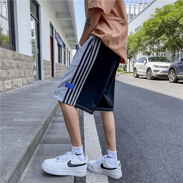 

men's pants 2021 summer striped patchwork sports shorts trend loose-fitting cropped beach slacks, Black