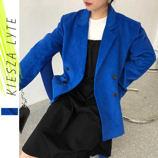 Giacca da donna in velluto a coste alla moda Giacca da donna allentata coreana blu royal Giacca chic streetwear Outwear 210608