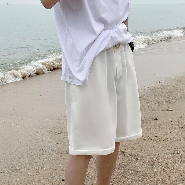 

summer solid color beach shorts men's korean fashion loose casual men streetwear wide-leg straight five-point pants, White;black